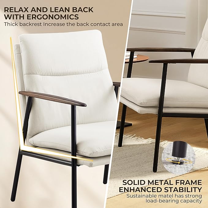 Art Leon Accent Chairs Set of 2-Fabric Side Sitting Chair Solid Accent Chair with Wood Armrests Ergonomic Reading Chair with Metal Frame for Living Room Bedroom Guest Room Beige