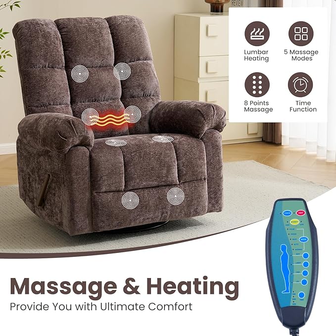 Oversized Swivel Rocker Recliner with Massage and Heat Overstuffed Rocking Chair with High Back Manual Rocker Recliner for Adults &amp Big Man Comfy Soft Recliner Chair Coffee Chenille