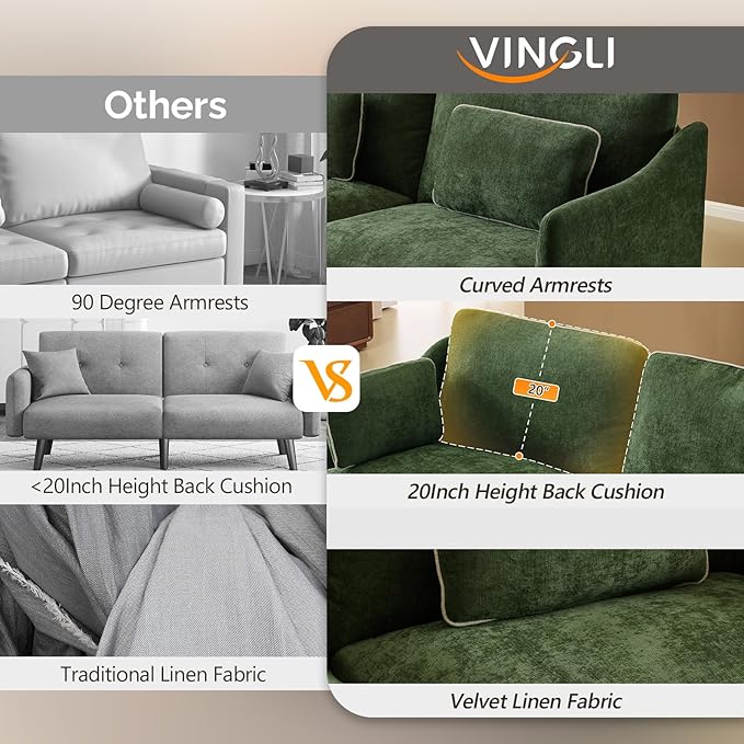 VINGLI 84 Extra Deep Seat Sofa Couch 3 Seater Upholstered Living Room Couches with 2 Piped Seater Cushions Throw Pillows Modern Linen Velvet Fabric Sofa for Apartment Bedroom Office | Piped Cushio