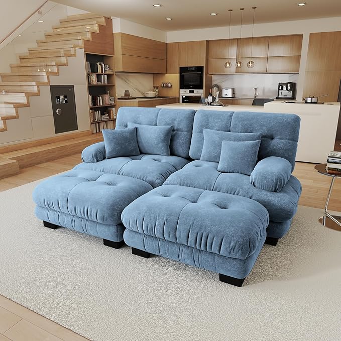 94.4 Oversized Modular Sectional Sofa Blue Large Sectional Couches for Living Room Chenille Fabric Sofa Set Cloud Love Seat Couches with 2 Ottomans Deep Seat Modern Sofas para Sala