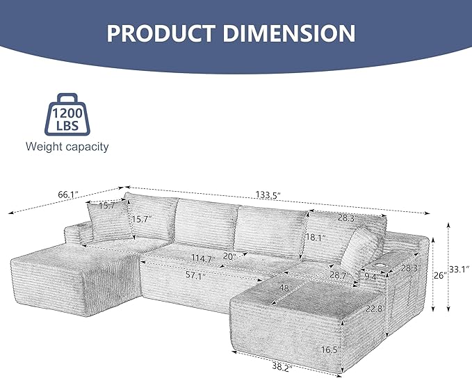 GNIXUU 133.5 Oversized U Shaped Black Boneless Sectional Couch with Cup Holders Modular Sectional Cloud Sofa with Storage Pocket Deep Seat Plush Corduroy Couches for Living Room No Assembly! | eas