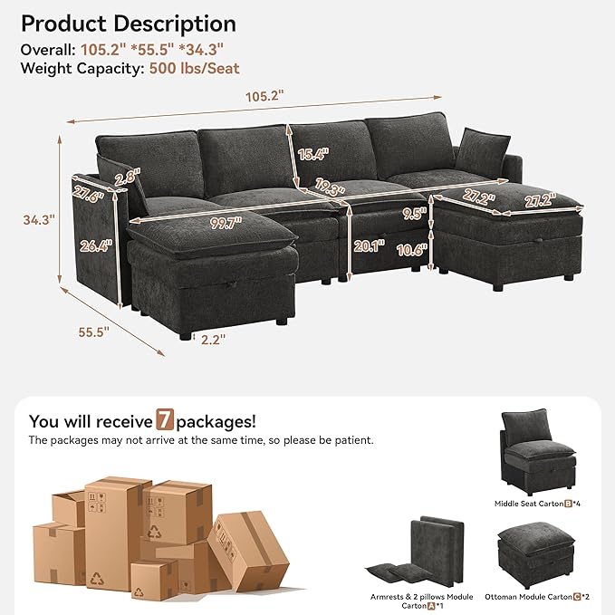 105 Cloud Modular 4 Seater Sofa with 2 Storage Ottoman Modern Upholstered Sofa Storage Sofa Couch Deep Seat U Shape Sectional Sofa Chenille Comfy Couch with Armrests for Living Room Dark Grey | Mo
