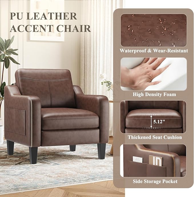 PU Leather Accent Chair Mid-Century Modern Living Room Armchair Sofa with Removable Cushions Solid Wood Frame &amp Stitched Armrest Design Bedroom Chair with Plastic Legs Chocolate Brown