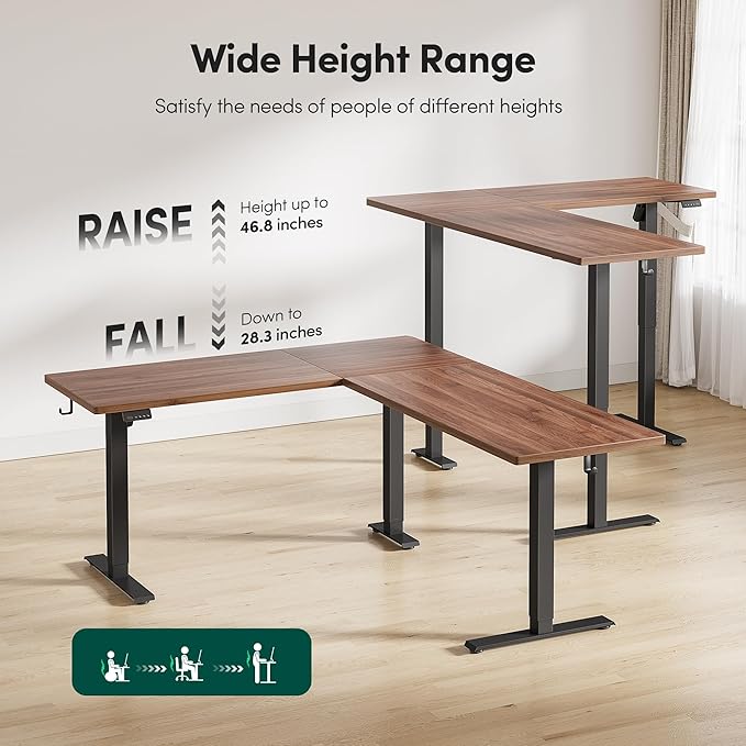 Cubiker Reversible L Shaped Standing Desk - 63 x 55 Inch Electric Adjustable Height Corner Standing Desk Ergonomic Sit Stand Up Table with 3 Memory Buttons Splice Board for Home Office Black Walnat
