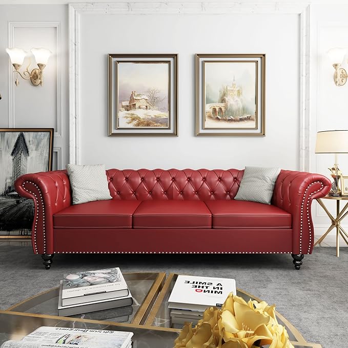 ORRD Chesterfield Sofa Leather Modern PU Tufted Couch 3 Seater with Rolled Arms and Nailhead for Living Room Bedroom Office Apartment (Burgundy)