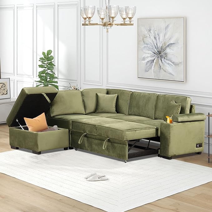 Merax Sofa Bed Sleeper Couch L Shaped Sofa with Storage Ottoman and Cup Holder L-Shape Sectional Couch with Comfortable Backrest and Charging Function for Living Room and Small Apartment (Green)