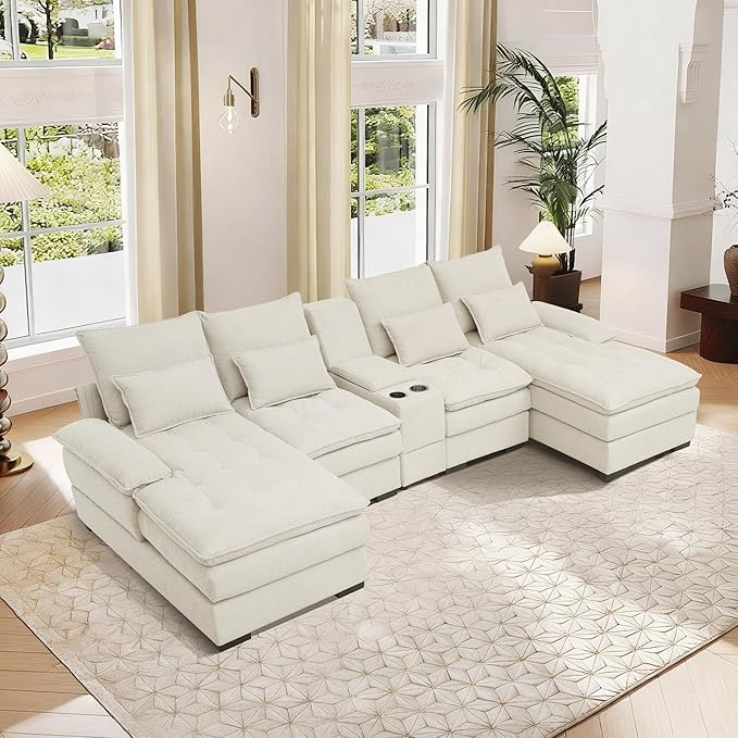 130 U Shaped Cloud Couch Modular Sectional Sofa with Chaise Lounge Comfy Fluffy Cloud Sectional Couches for Living Room Modern Modular Sofa with Central Console (Beige)