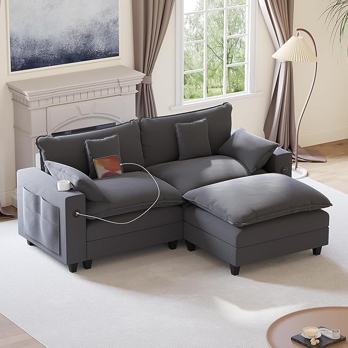 80.7 Modular Sectional Couch L Shaped Cloud Sofa with Movable Ottoman Chenille Deep Seat Cloud Couch with Charging Station Cup Holder Side Pocket Sectional Couches for Living Room Grey