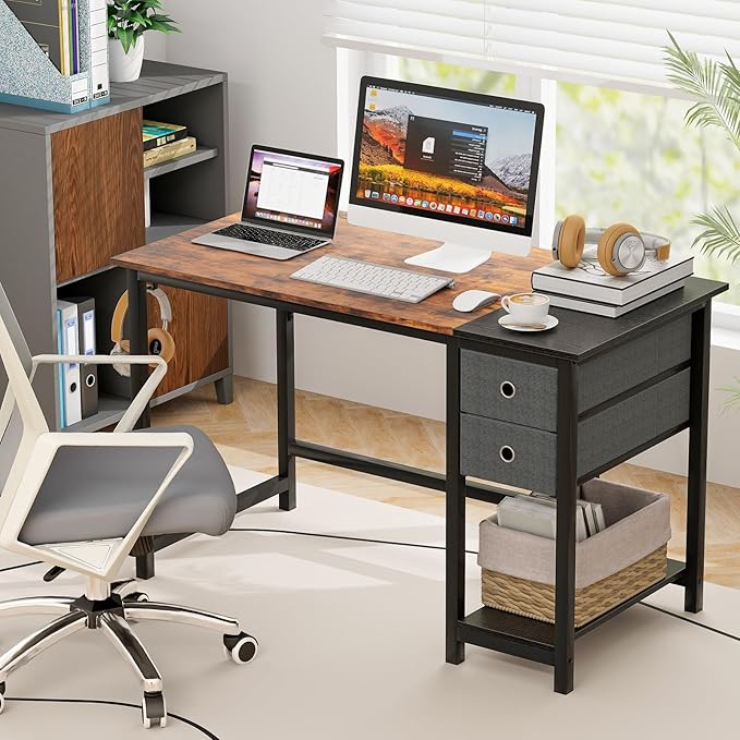 Tangkula 48-Inch Computer Desk with 2 Drawers Modern Home Office Desk with Hanging Hook &amp Storage Shelf Multipurpose Writing Desk for Study Bedroom (Rustic Brown 48)