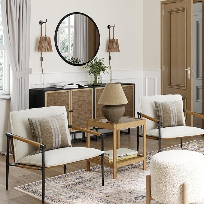 Nathan James Omel Lounge Reading Chair Modern Living Room Accent Chair with Metal Frame and Boucle Upholstery Cream Boucle/Black Set of 2