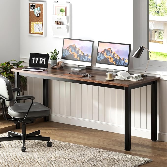 Need 63 Inch Large Computer Desk - Modern Simple Style Home Office Gaming Desk Basic Writing Table for Study Student Black Metal Frame Walnut