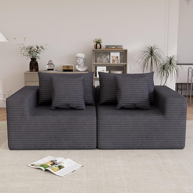 Oversized Cloud Modular Sofa – Deep Seat Corduroy Couch with Pillows No Assembly Convertible &amp Customizable Design Soft All-Foam Comfort for Living Room &amp Bedroom (Gray Loveseat)