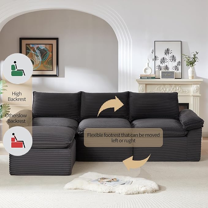 Modular Cloud Couch - Boneless L Shaped Sectional with Ottoman 3 Seater Corduroy Couch for Living Room Soft Plush in a Box (Gray L Shaped-3 Seater+1 Ottomans)