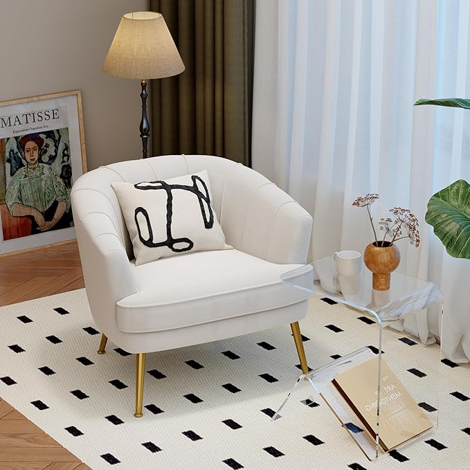 Andeworld Upholstered Velvet Accent ChairVelvet Fabric Club Barrel Chair Morden Living Room Chair for Bedroom/Reading SpacesIvory