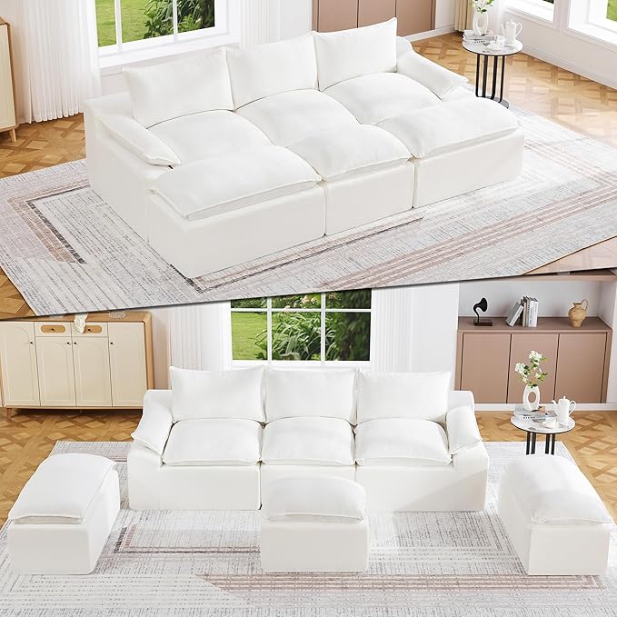 109 3 Seat Boneless Couch with Movable Ottoman Boneless Modular Sectional Sofa Deep Seat Modern Sleeper Sofa Bed for Living Room Cloud Modular Sectional Couch 3 Seat Chenille Chaise Lounge White