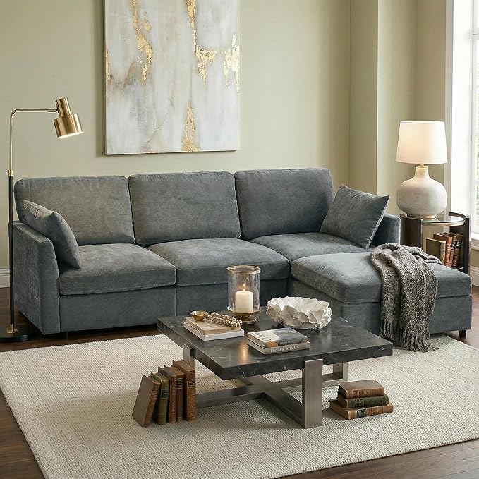 Sectional Couch for Living Room Comfy L Shaped Convertible Sofa 4 Seater Modern Chenille Sofa with Ottoman Grey