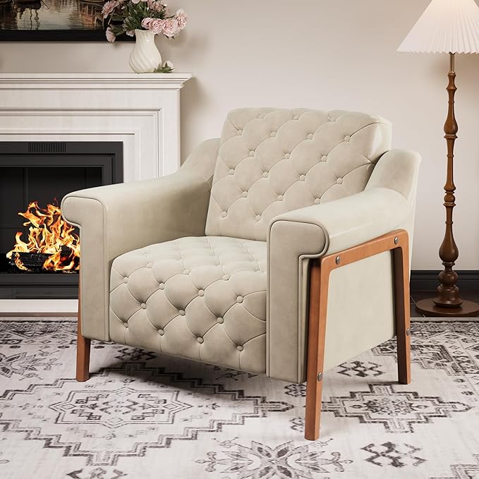 EJUNQ Cozy Accent ChairPU Leather Modern Living Room ChairsMid-Century Office Reading ChairSingle SofaArmchair for Bedroom Apartment Waiting Room(Ivory)