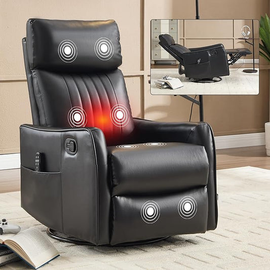 KEIKI Swivel Rocker Recliner Chair with Massage and Heated Pad for Living Room Synthetic Leather Glider with 360 Degree Rotation and Manual Recline