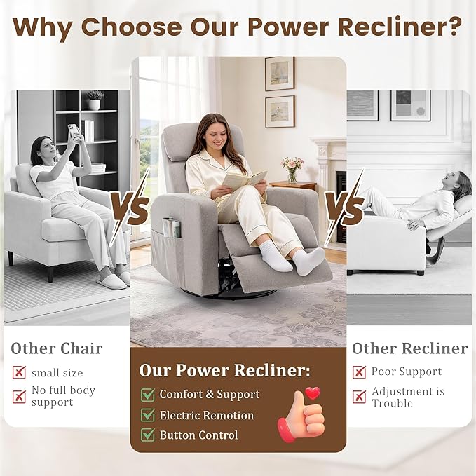 Power Swivel Recliner Chairs for Adults Electric Glider Rocking Chair Nursery Glider Recliner Nursery Chair with Classified Side Pocket Nursery Rocking Chairs with USB and Type-C Ports