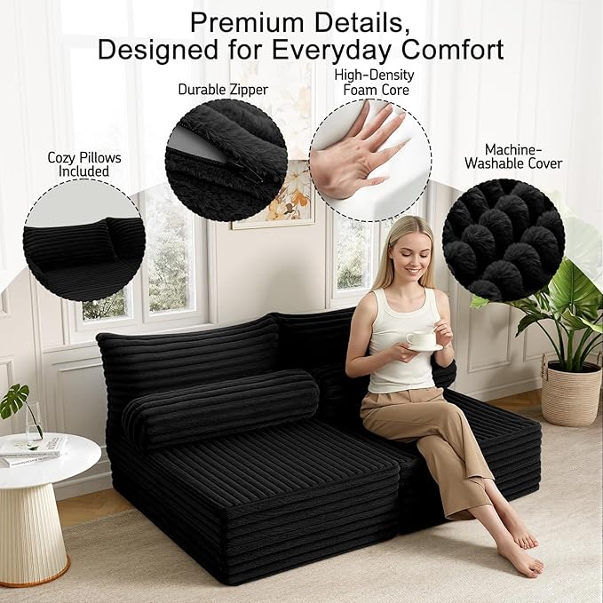 MeMoreCool Convertible Sofa Bed Folding Floor Couch Bed Queen Pull Out Sleeper Couch with Pillows Fold Out Futon Sofa for Bedroom Living Room Small Space Corduroy Black