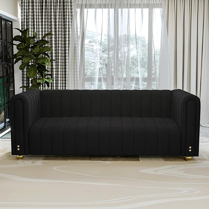 81.3 Modern Black Velvet Couch for Living Room Upholstered Comfy 3 Seater Office Sofa with High Armrest and Gold Metal Legs (Black 81)