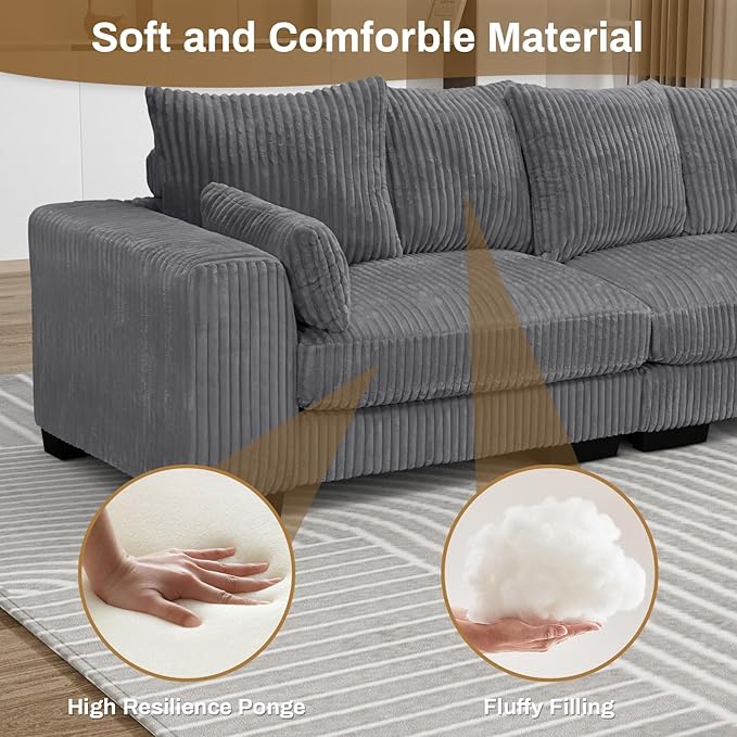 Legend Vansen Modular Sectional Couch Upholstered Corduroy Sofa with Deep Seat and Widened ArmrestsComfy Sectional Couches for Living RoomBedroom (Grey 4 Seat Sofa)