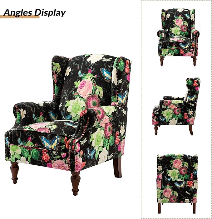 HULALA HOME Wingback Accent Chairs Set of 2 with Floral Pattern Design Traditional Fabric Armchairs with Nailhead Trim and Retro Wooden Legs Black