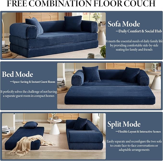 78 Inch Convertible Folding Sleeper Sofa Bed Fold Out Floor Sofa Couch with Fixed-Shape Frame Cloud Corduroy Foldable Mattress Couch for Living Room Bedroom (Blue)