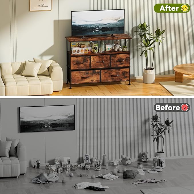 Simple Deluxe TV Stand Dresser for Bedroom Entertainment Center with 5 Fabric Drawers Storage Organizers Units for Living Room Media Console Table with Open Shelf up for 45 TV Rust Wood top