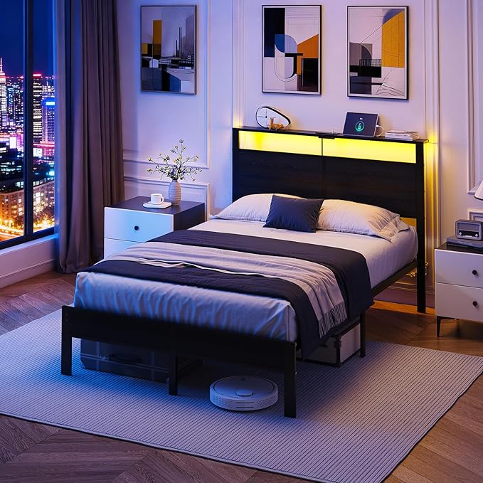 Full Size Metal Bed Frame with Storage Headboard LED Lights and USB Charging Ports Noise Free Platform Bed with Sturdy Slats No Box Spring Needed Easy Assembly