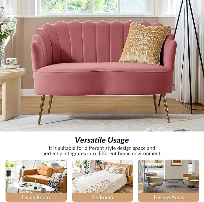 Velvet Upholstered Loveseat Sofa with Gold Metal Legs Modern Comfy Small Love Seat with Flower Shaped Back 2-Seater Sofa Accent Couch for Living Bedroom Leisure Areas Rose Wood