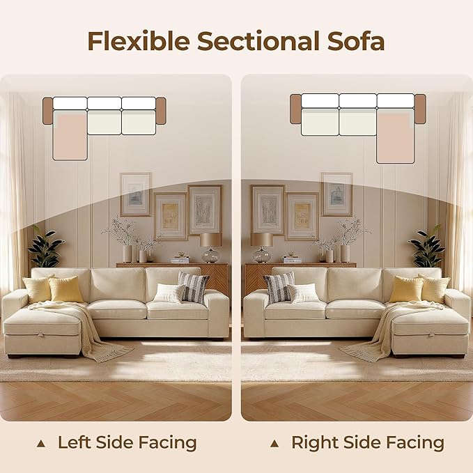99 Sectional Sleeper Sofa Couch Chenille Convertible Chaise 3 Seats L-Shaped Sofa with 110L Storage Deep SeatWide Armrest USB Type-C ChargingRemovable Covers for Living Room Apartments Beige