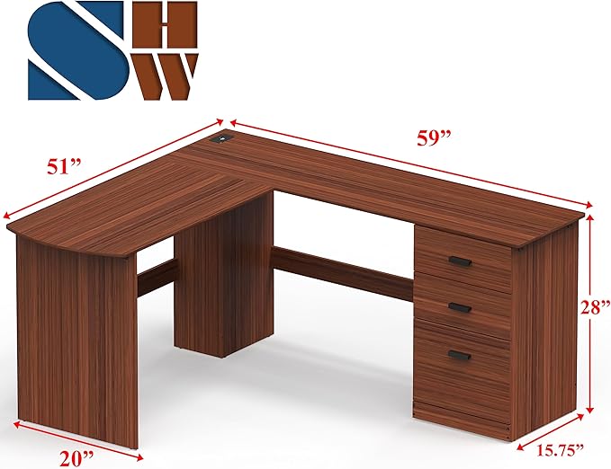 SHW 51 x 59 Inches L-Shaped Home Office Wood Corner Desk with Box Box File Drawers Walnut