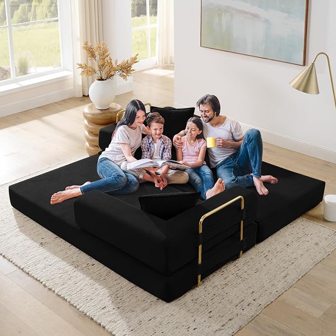 Convertible Folding Sofa Bed Corduroy Sleeper Mattress Couch with Fixed-Shape Frame Free Combination Loveseat Lounge Floor Sofa Queen Size Memory Foam Couch for Living Room Bedroom Carbon Black