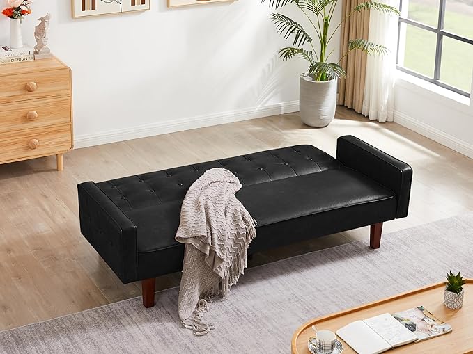 Modern PU Leather 3-Seat Couch Adjustable Backrest Convertable Sofa Sleek Minimalist Fold Out Couch Loveseat with Armrests Sofa for Living Room Home Office Spaces Black