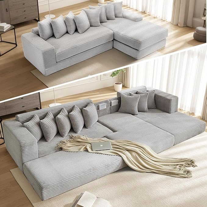 110 Boneless Couches for Living Room Cloud Modular Sectional Sofa Bed Customizable Convertible Sleeper Sofa Plush Corduory Folding Futon Floor Couch No Assembly(Light GreyRight)
