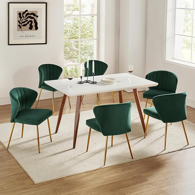 HULALA HOME Velvet Dining Chairs Modern Small Armless Accent Chair with Gold Metal Legs Living Room Upholstered Cute Side Chair Elegant Tufted Back Vanity Chair for Bedroom/Beauty Room-Green