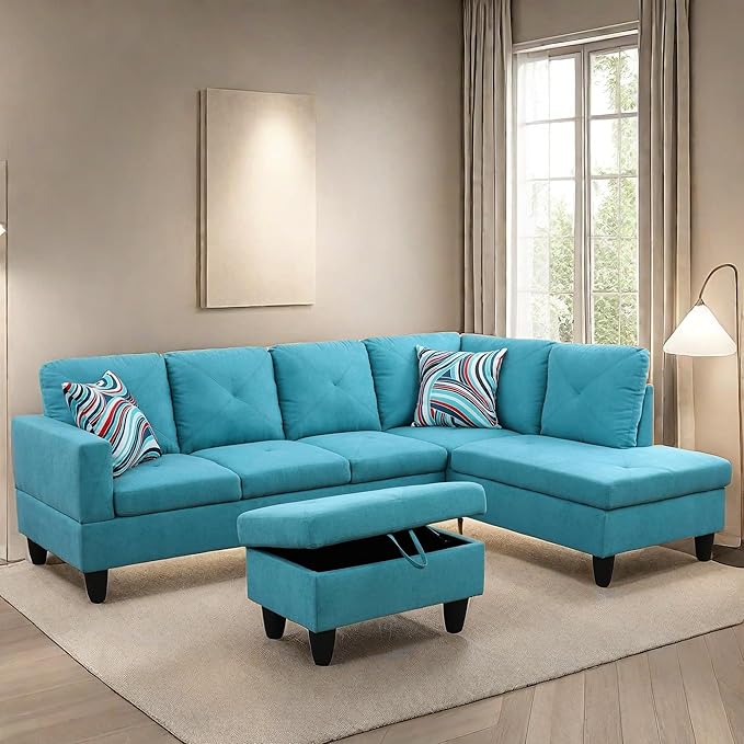 L Shaped Sectional Couches Modern Convertible Lounge Sofa with Ottoman Storage Comfy Modular Sectional Sofa for Living Room Furniture Sets Small Spaces Bedroom Blue