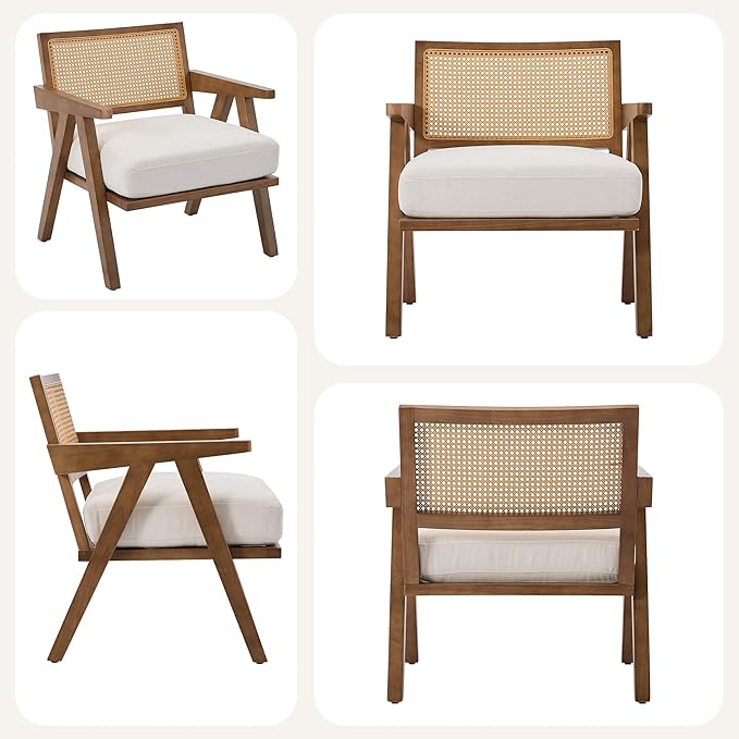 GarveeHome Mid-Century Farmhouse Accent Chair - Wood Armchair with Rattan Backrest &amp Linen Cushion for Living Room Bedroom - Beige Easy Assembly(2 Pcs)