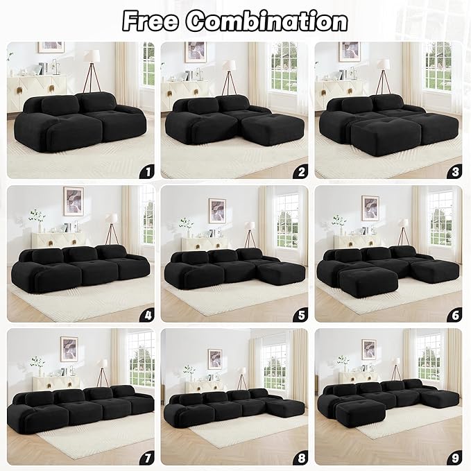 117.3 L-Shaped Inch Modular Sectional Sofa 3-Seater Cloud Couch with Deep Seat Boneless Couch with Pillows for Living Room Apartment Black