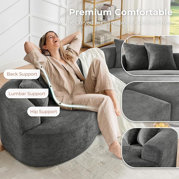 112'' Oversized Curved Modular Sectional Sofa Upholstered Chenille Boneless Couch Comfy Cloud Compression Sofa with Extra Deep &amp Wide Seat for Living Room Apartment Office Dark Gray