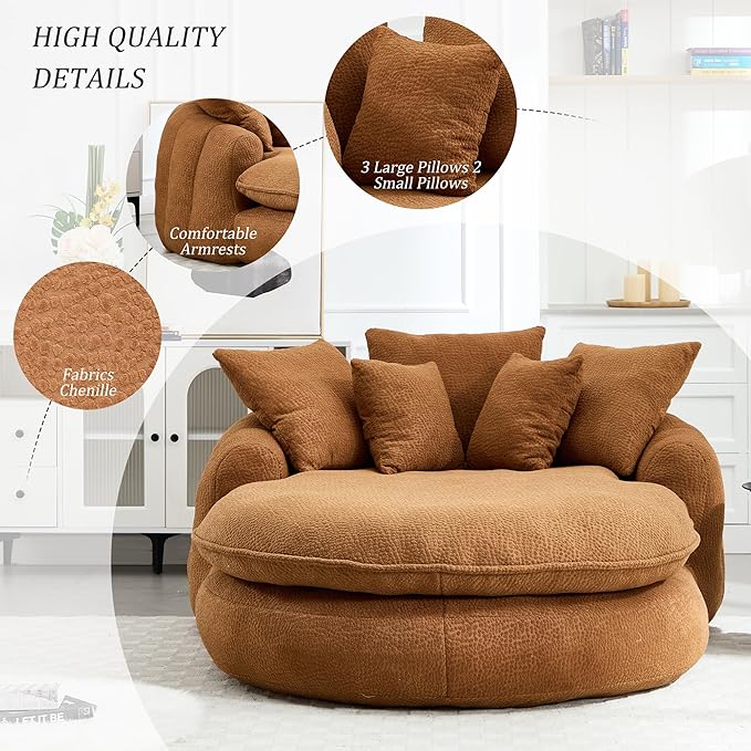 KEIKI 71 Chenille Round Boneless Sofa Couch Oversized Chaise Lounge Chair Couches Indoor No Assembly Required Floor Lazy Bean Bag Modern Sleeper Sofa Bed for Living Guest Room &amp Bedroom Brown
