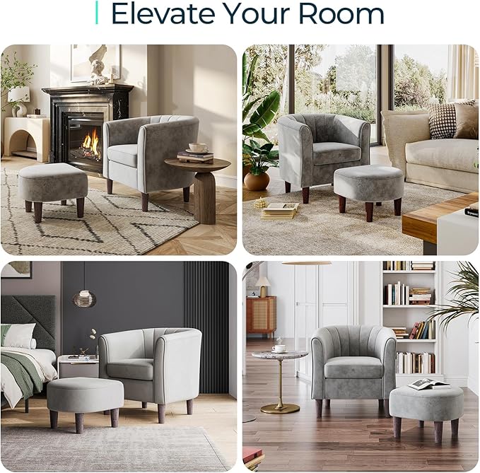 LINSY Accent Chair Set of 2 Velvet Barrel Chair with Ottoman Modern Comfy Small Armchair for Small Spaces Reading Room Living Room Bedroom Kids Room Office Grey