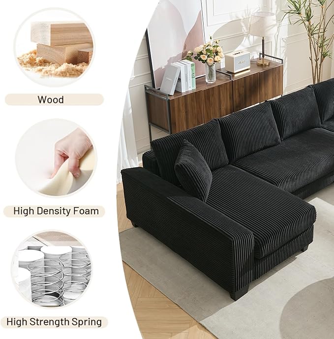 KEIKI 114 U-Shaped Corduroy Sleeper Sectional Sofa with Pull-Out Bed Adjustable Backrest 2 Chaise Lounge 2 Pillows Convertible 4-Seater Upholstered Couch Easy Assembly for Living Room Black