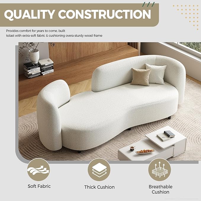 Sherpa Curved Loveseat Sofa Modern Upholstered Couch with Solid Wood Frame Thick Foam Cushion Compact Comfy Sofa for Apartment Living Room or Office – Ivory White