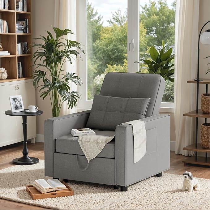 JUMMICO Sleeper Chair 3-in-1 Convertible Sleeper Sofa Bed for Adults Linen Fabric Pull Out Chair Bed with Adjustable Backrest Couches for Living Room Apartment Office Small Space (Light Gray)