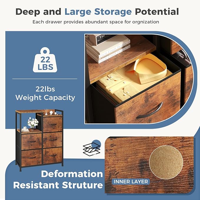 DUMOS 5-Drawer Chest of Drawers with Raised Shelf Storage Tower with Fabric Bins for Closet Organization Hallway Storage Brown
