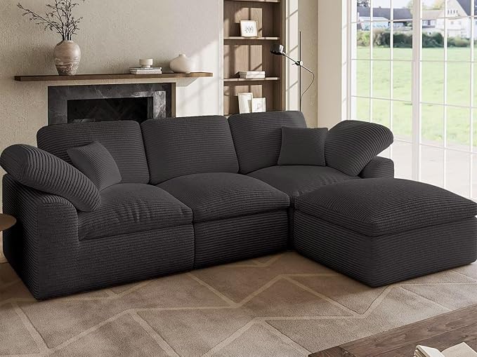 Cloud Sectional Couches for Living Room L Shaped Modular Sectional Sofa with Ottoman Convertible Corduroy Couch for Apartment 4 Seater Boneless Comfy Cloud Sofa No-Assembly Grey