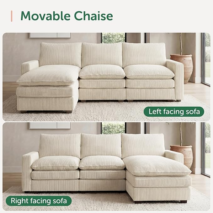 HONBAY 97.6 Inch Corduroy Cloud Modular Sectional Sofa with Chaise Deep Seat L-Shaped Couch with Storage for Living Room Apartment Small SpaceBeige