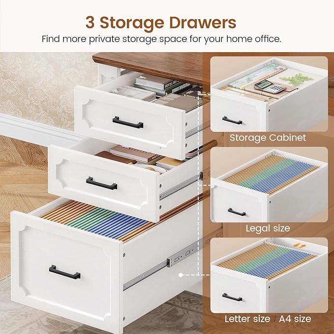 SEDETA 70.9 Executive Desk Farmhouse Office Desk with Drawers and Storage Cabinet Power Outlet Computer Deskfor Home Office Work Study Writing White